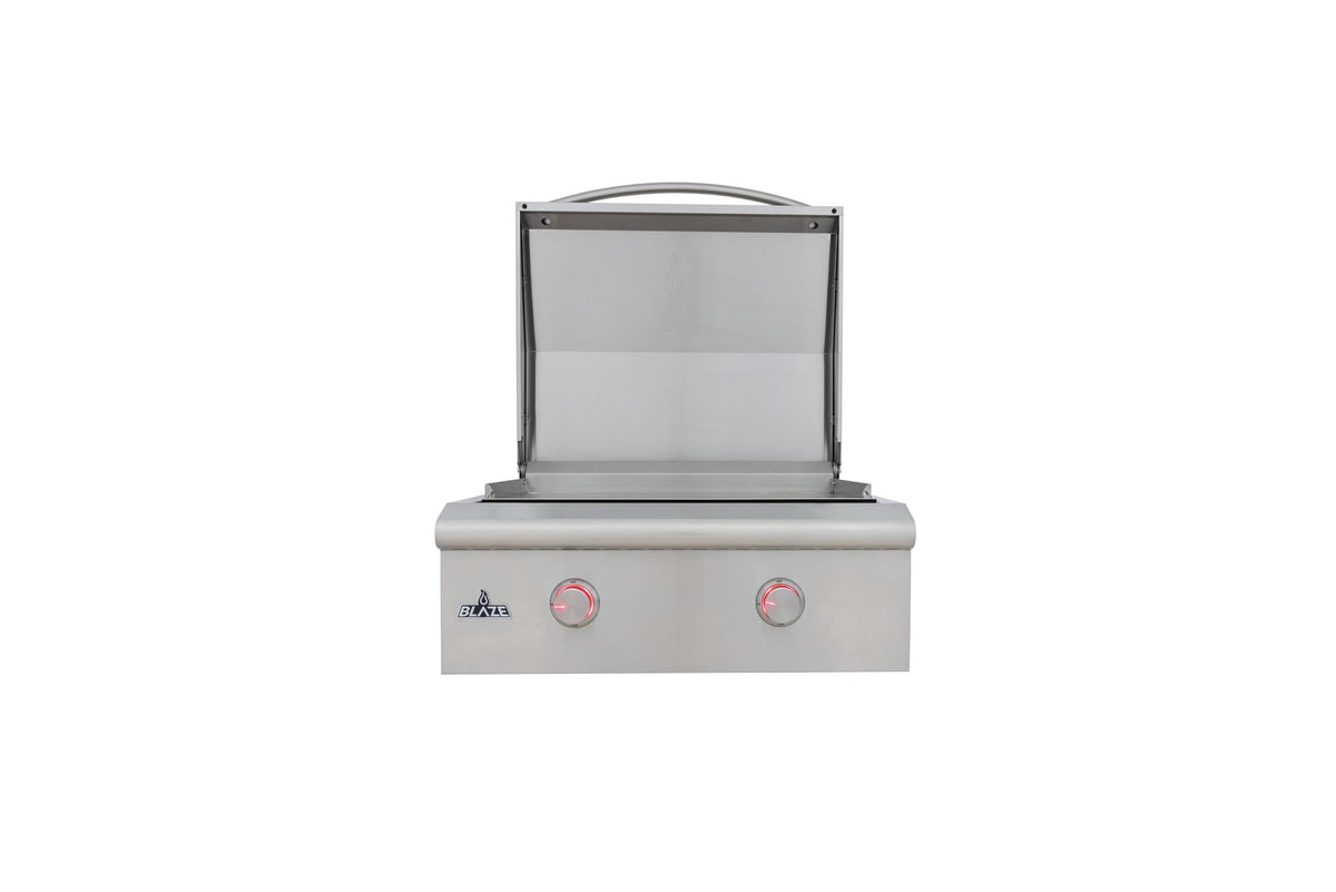 Blaze LTE+ 30-inch built-in gas griddle, front view, lid open