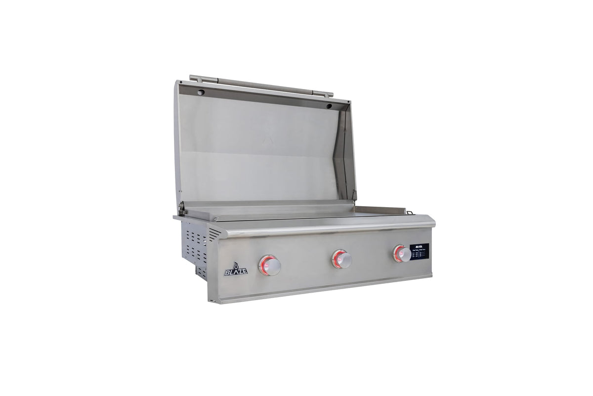 Blaze LTE PRO 40-inch built-in gas griddle, angled view, lid open