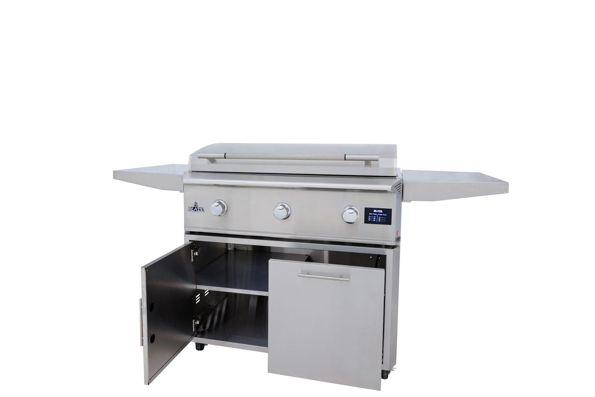 Blaze cart for the LTE PRO 40-inch griddle, doors open showing storage (griddle sold separately)