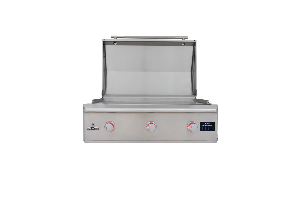Blaze LTE PRO 40-inch built-in gas griddle, front view, lid open