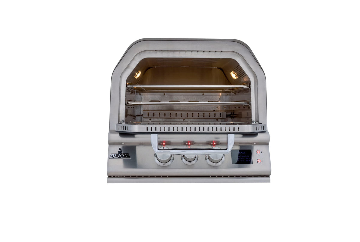 Blaze 26-inch built-in outdoor oven, front view with interior light on