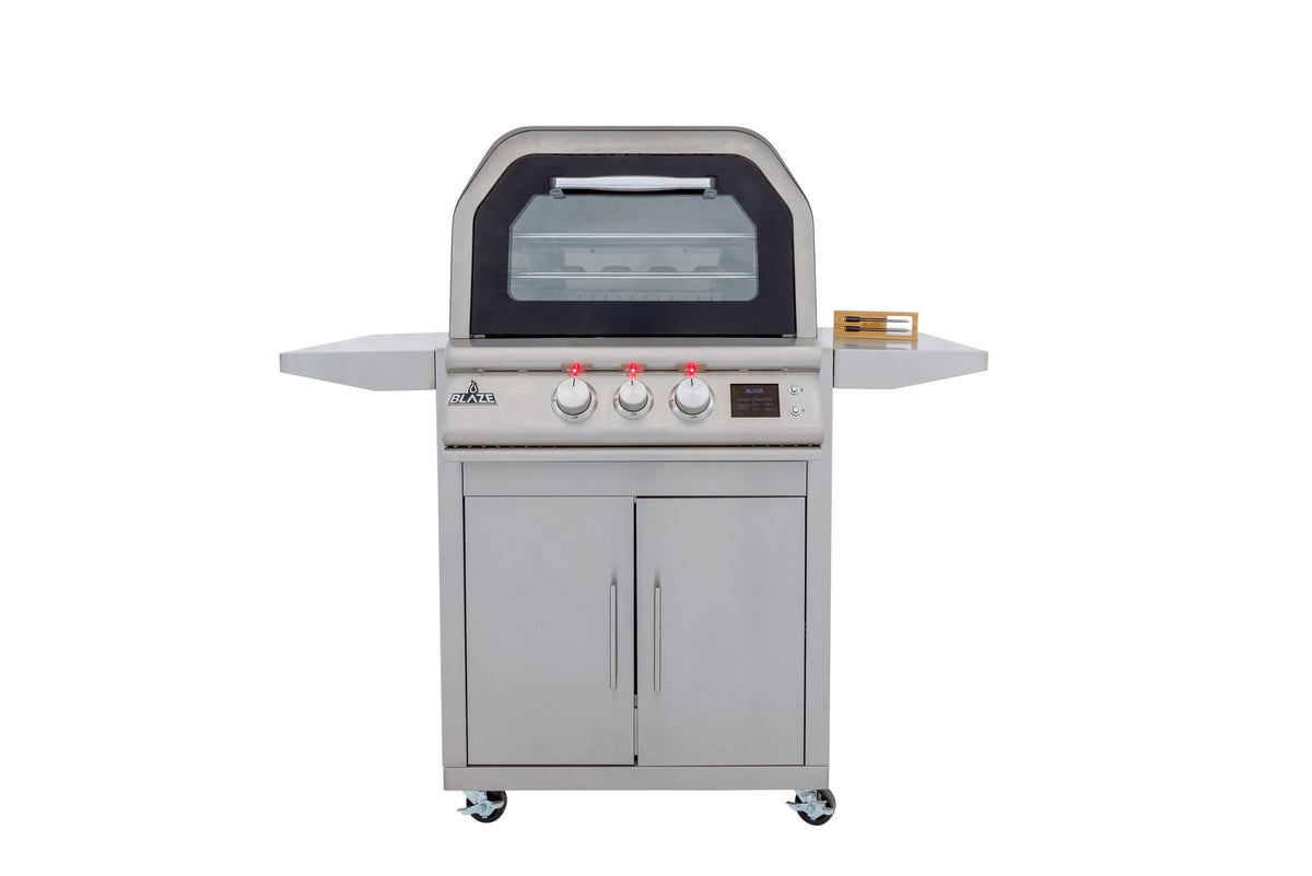 Blaze 26-inch built-in outdoor oven, shown on the optional BLZ-26-PZOVN-CART2 cart (sold separately)