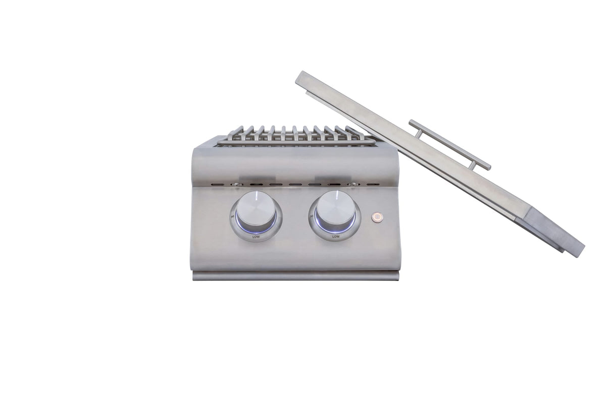 Blaze LTE+ built-in double side burner, stainless lid open