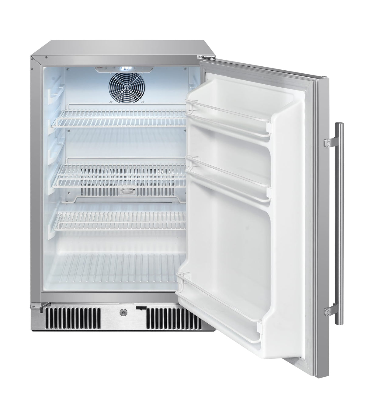 Blaze 20-inch 4.3 cu. ft. outdoor rated compact refrigerator, door open, empty interior and shelves