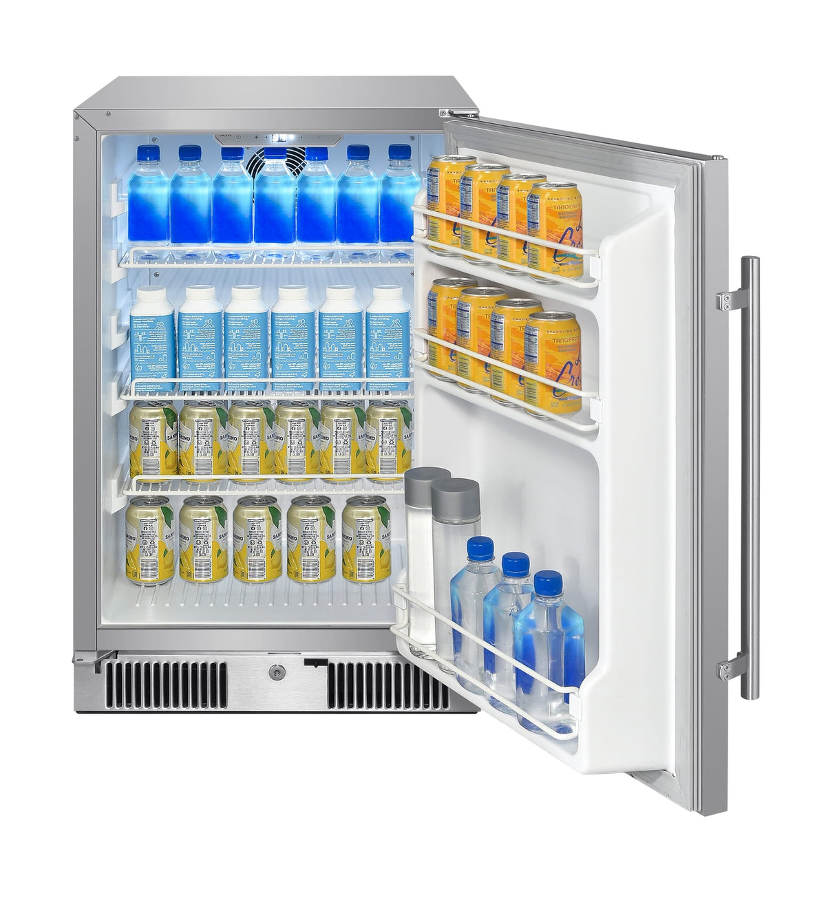 Blaze 20-inch 4.3 cu. ft. outdoor rated compact refrigerator, door open, stocked with drinks