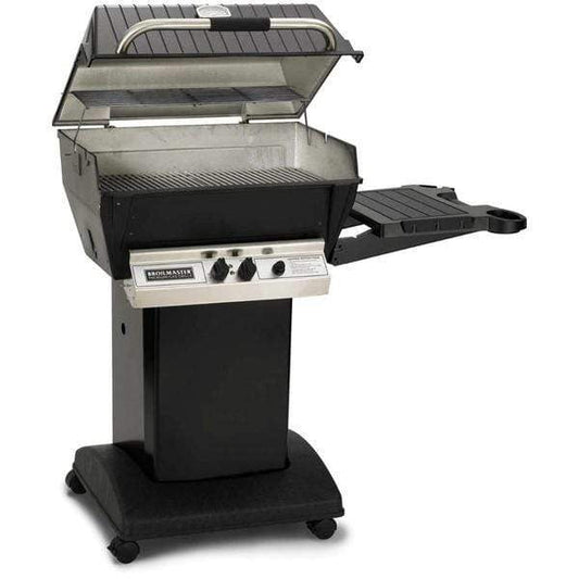 Broilmaster H4PK1 Deluxe H4X 24-inch gas grill on the DCB1 black cart with drop-down side shelf, lid open