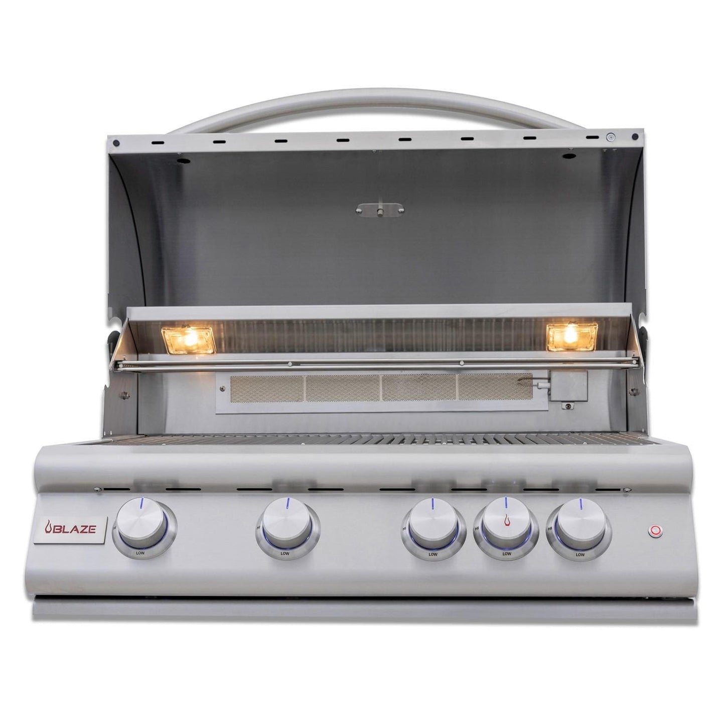Blaze BLZ-4LTE3-LP Premium LTE+ 32-Inch 4-Burner Built-In Propane Grill With Rear Infrared Burner & Lift-Assist Hood - Front View - Open - White Background