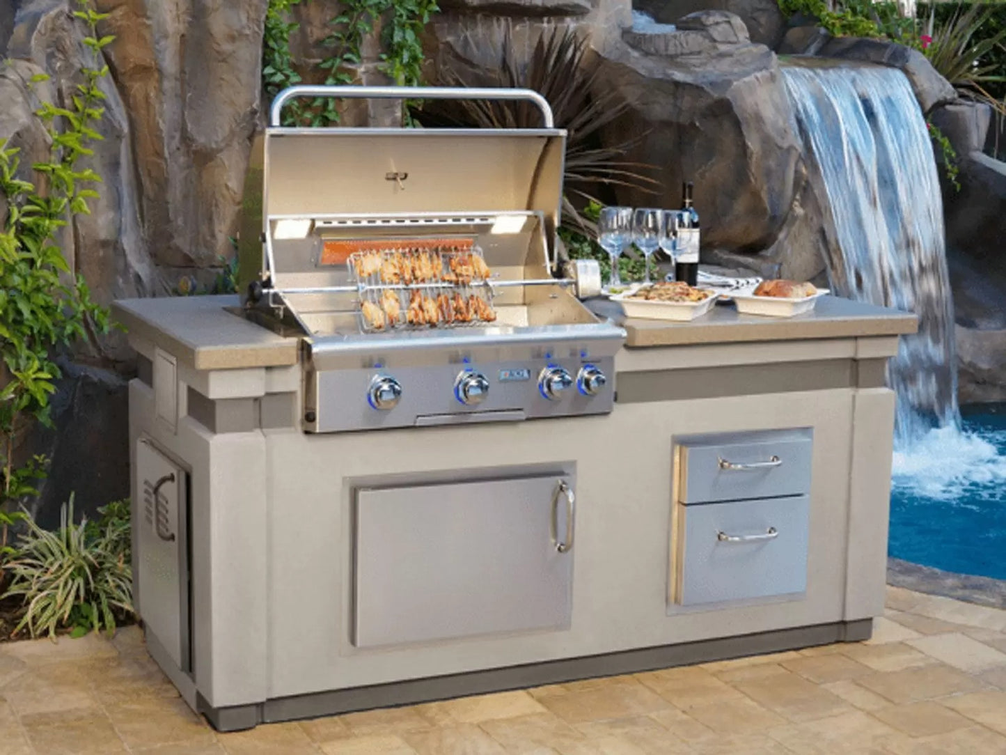 AOG 30" L-Series Island Bundle w/Concrete Grey Base & Polished Smoke Top - IP30LB-CGD-75SM - Outdoor Grill Island By Pool And Waterfall