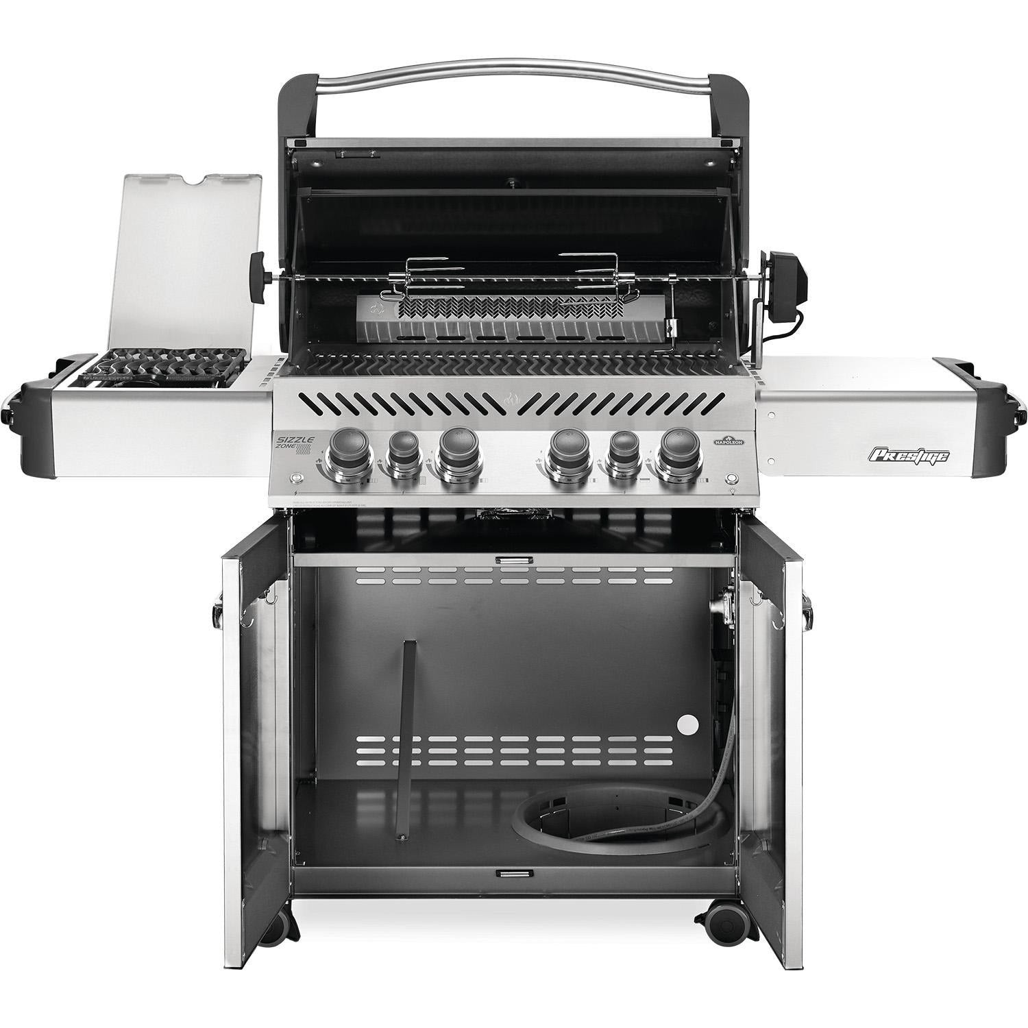 Napoleon P500RSIBSS-3 (2019) Prestige 500 Grill with Infrared Rear Burner and Infrared Side Burner - Hood & Cabinet Open - White Background