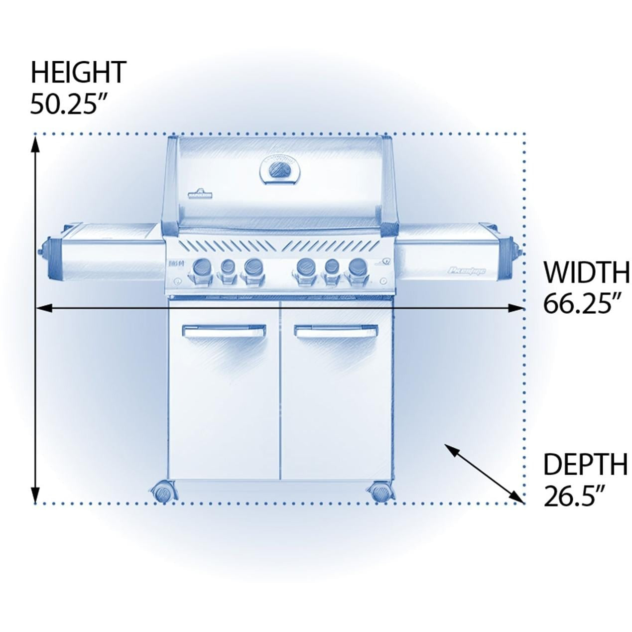 Napoleon Prestige 500 Grill with Infrared Rear Burner and Infrared Side Burner - Black - P500RSIBK-3 (2019) - Dimensions - Diagram