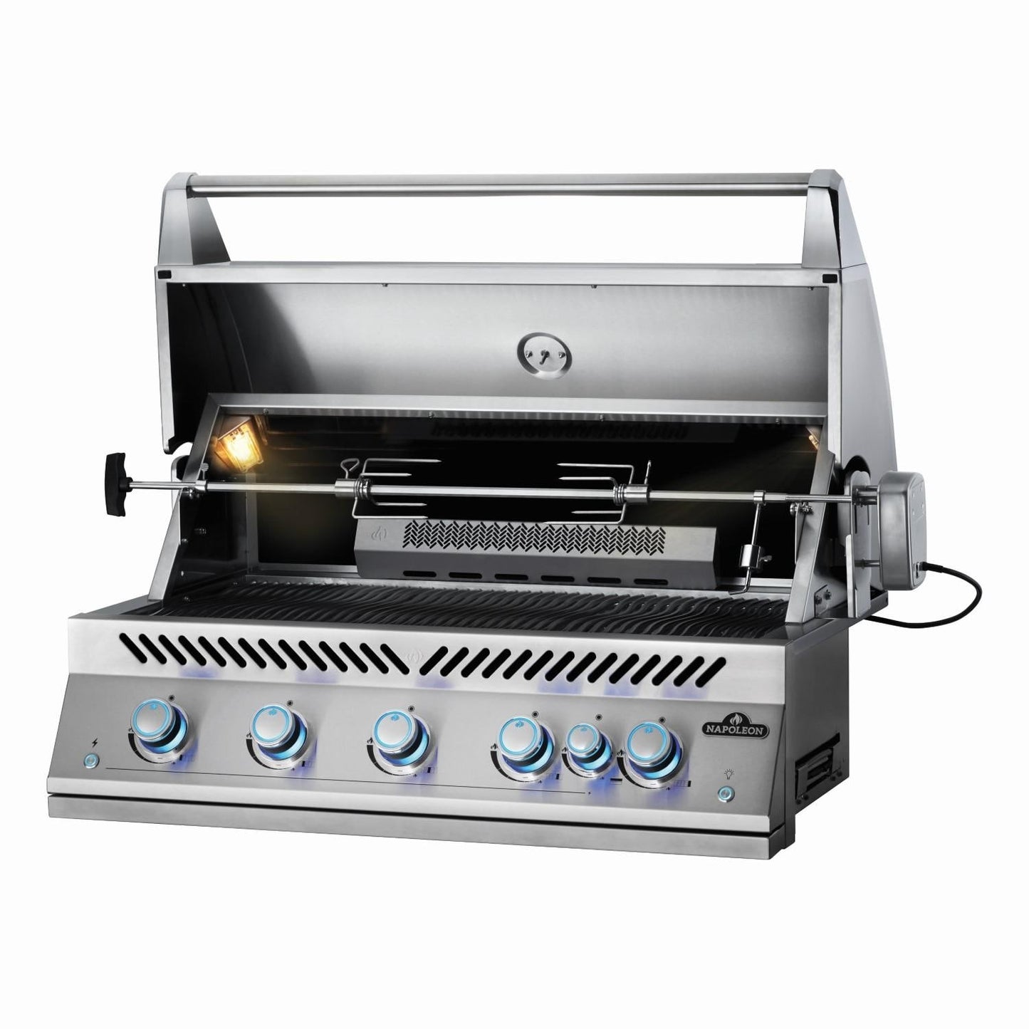 Napoleon BIG38RBSS-1 Grill - Angled Open With Rotisserie - White Background