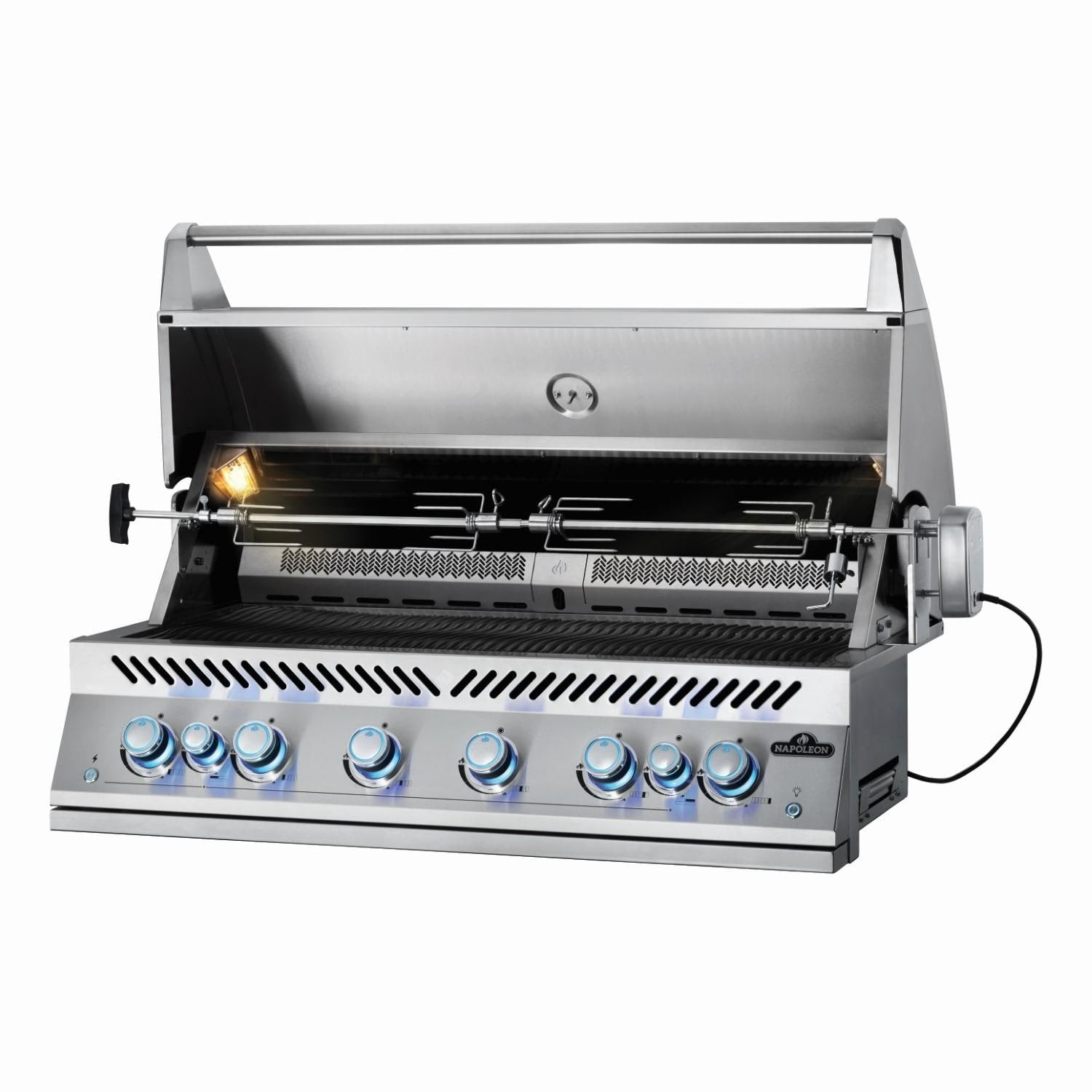 Napoleon BIG44RBSS-1 Grill - Angled Open With Single Motor Rotisserie - White Background