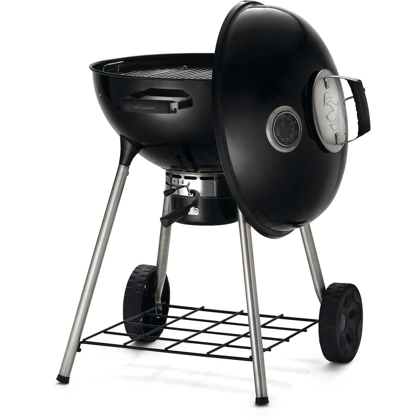 Napoleon NK22K-LEG-3 22 Inch Charcoal Kettle Grill - Black - Angled Lid Hanging - White Background
