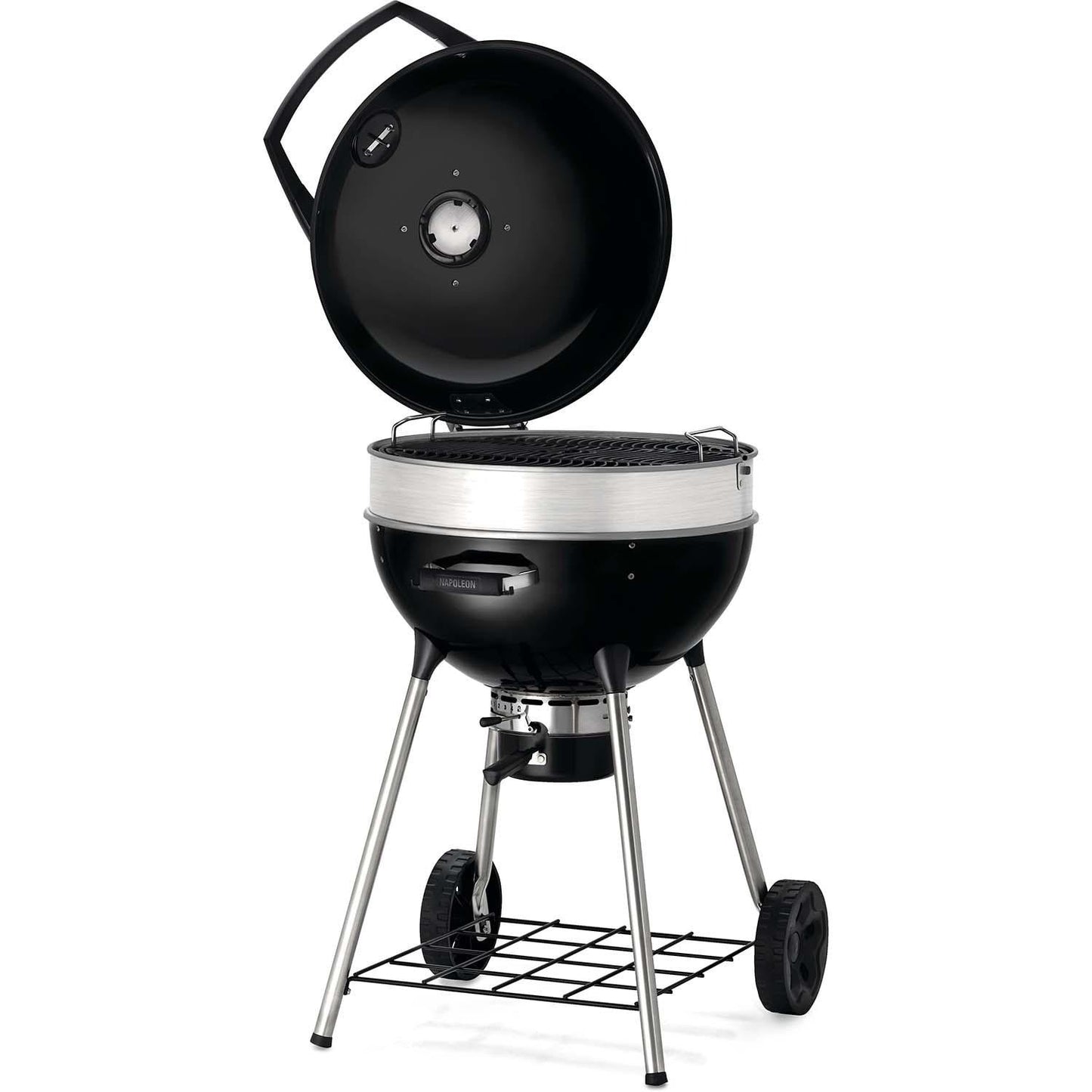 Napoleon PRO22K-LEG-3 PRO 22 Inch Charcoal Kettle Grill - Black - Angled Lid Open - White Background
