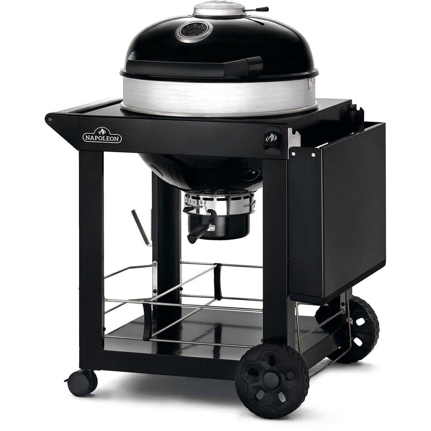 Napoleon PRO22K-CART-3 PRO 22 Inch Cart Model Charcoal Kettle Grill - Black W/Cart - Shelf Down - White Background
