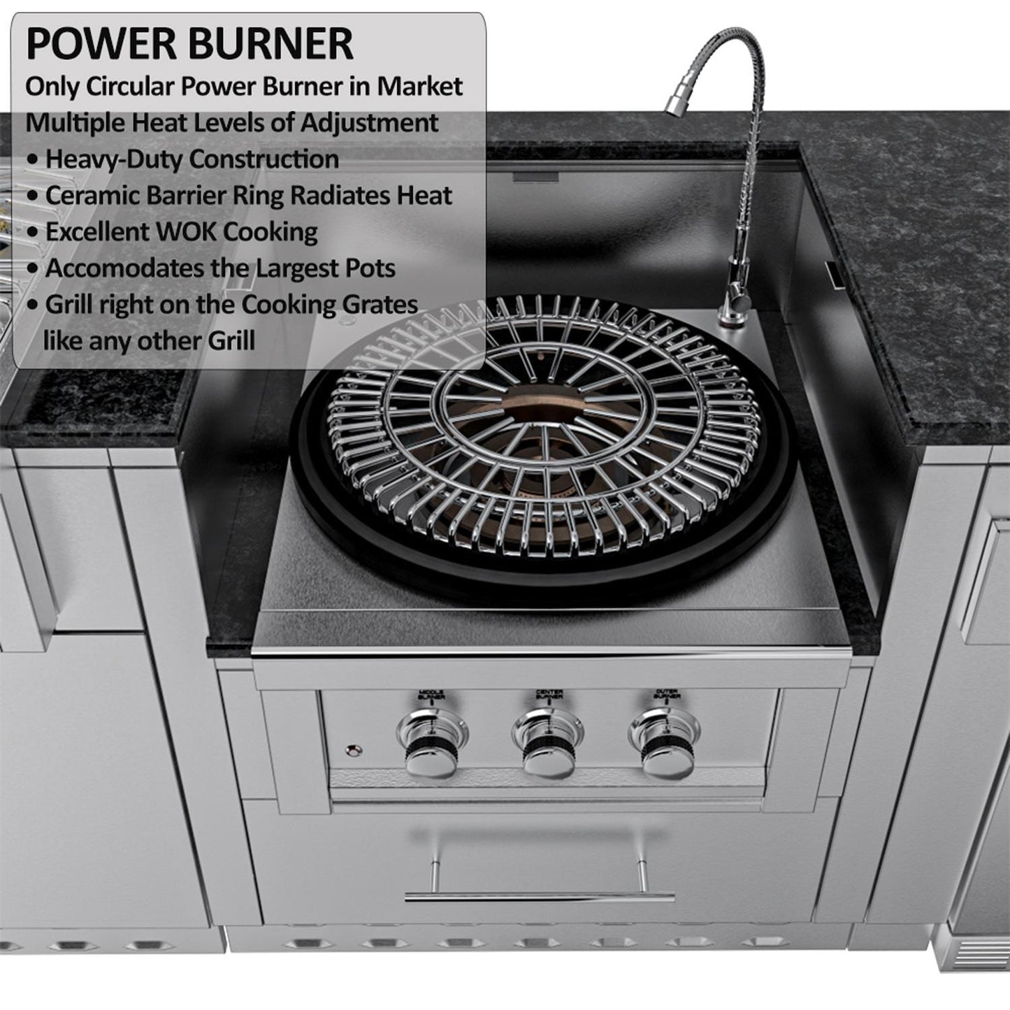 Sunstone Grills SCPHILLCOUNTRY13.6 Hill Country 13 1/2 Ft Outdoor Kitchen Island w/ Grill & Side Burner, Sink, Refrigerator, Door & Drawer – Power Burner Topper – Detail