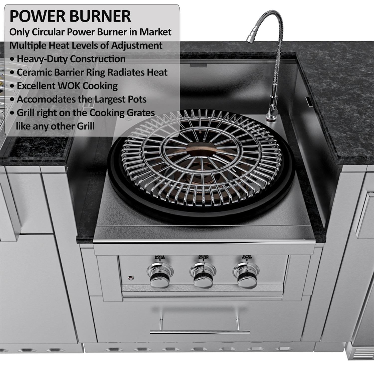 Sunstone Grills SCPHILLCOUNTRY13.6 Hill Country 13 1/2 Ft Outdoor Kitchen Island w/ Grill & Side Burner, Sink, Refrigerator, Door & Drawer – Power Burner Topper – Detail
