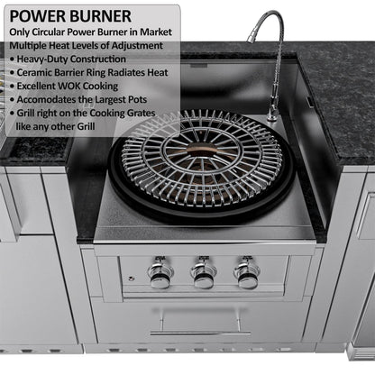 Sunstone Grills SCPHILLCOUNTRY13.6 Hill Country 13 1/2 Ft Outdoor Kitchen Island w/ Grill & Side Burner, Sink, Refrigerator, Door & Drawer – Power Burner Topper – Detail