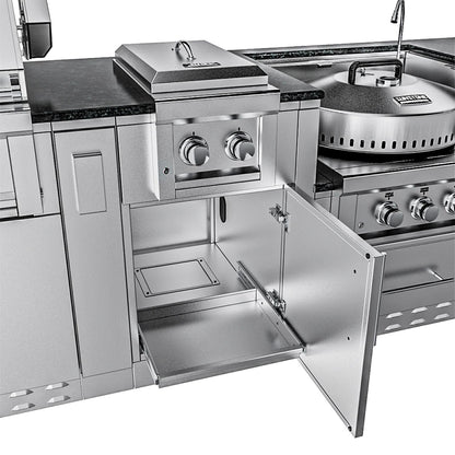 Sunstone Grills SCPHILLCOUNTRY13.6 Hill Country 13 1/2 Ft Outdoor Kitchen Island w/ Grill & Side Burner, Sink, Refrigerator, Door & Drawer – Cabinet – Detail