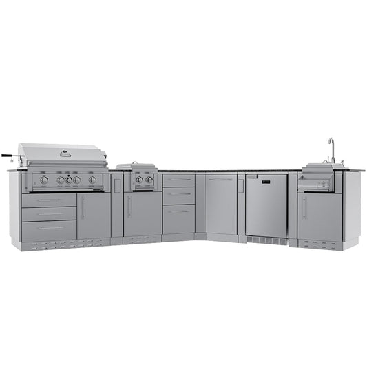 Sunstone Grills SCPSAVANNA16 Savanna 16 Ft Outdoor Kitchen Island w/ Grill & Side Burner, Sink, Refrigerator, Trash Bin, Door & Drawer - Island - White Background