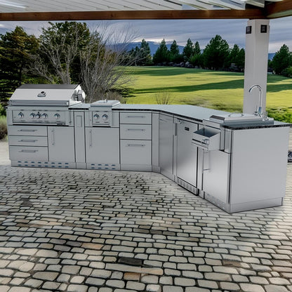 Sunstone Grills SCPSAVANNA16 Savanna 16 Ft Outdoor Kitchen Island w/ Grill & Side Burner, Sink, Refrigerator, Trash Bin, Door & Drawer - On the Patio 2 - Lifestyle