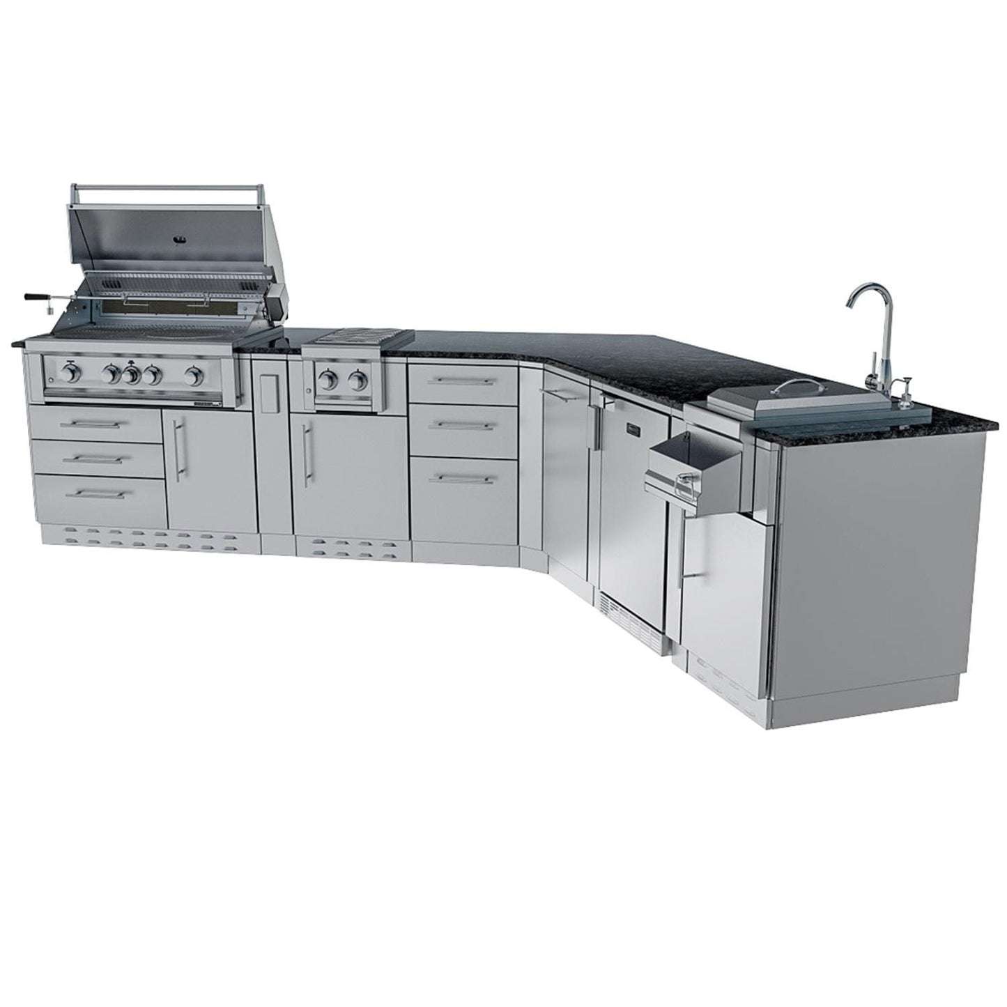 Sunstone Grills SCPSAVANNA16 Savanna 16 Ft Outdoor Kitchen Island w/ Grill & Side Burner, Sink, Refrigerator, Trash Bin, Door & Drawer - Grill Open - White Background