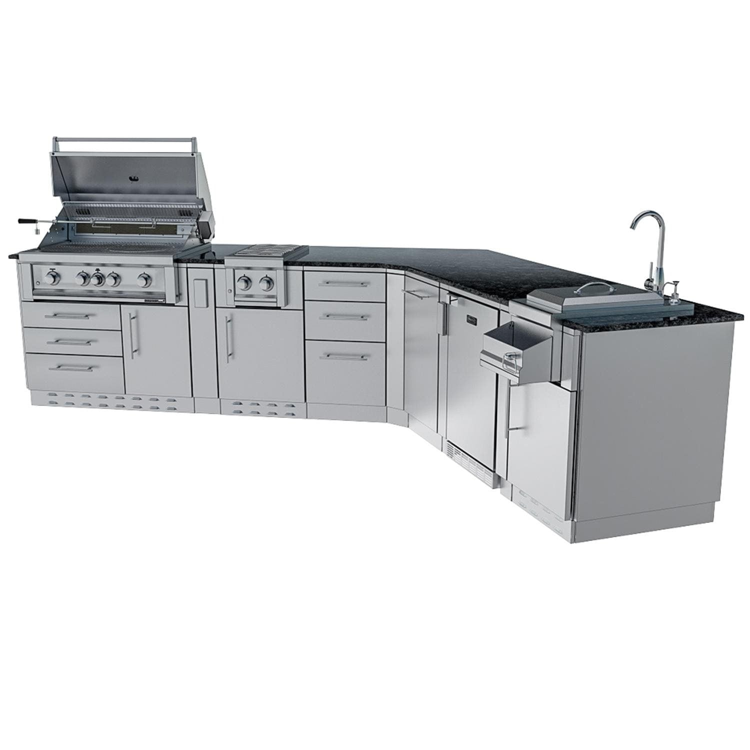 Sunstone Grills SCPSAVANNA16 Savanna 16 Ft Outdoor Kitchen Island w/ Grill & Side Burner, Sink, Refrigerator, Trash Bin, Door & Drawer - Grill Open - White Background