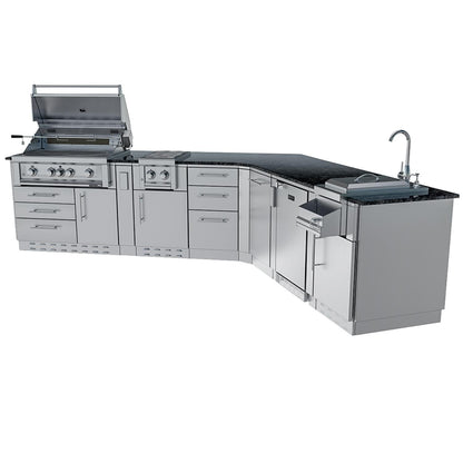 Sunstone Grills SCPSAVANNA16 Savanna 16 Ft Outdoor Kitchen Island w/ Grill & Side Burner, Sink, Refrigerator, Trash Bin, Door & Drawer - Grill Open - White Background