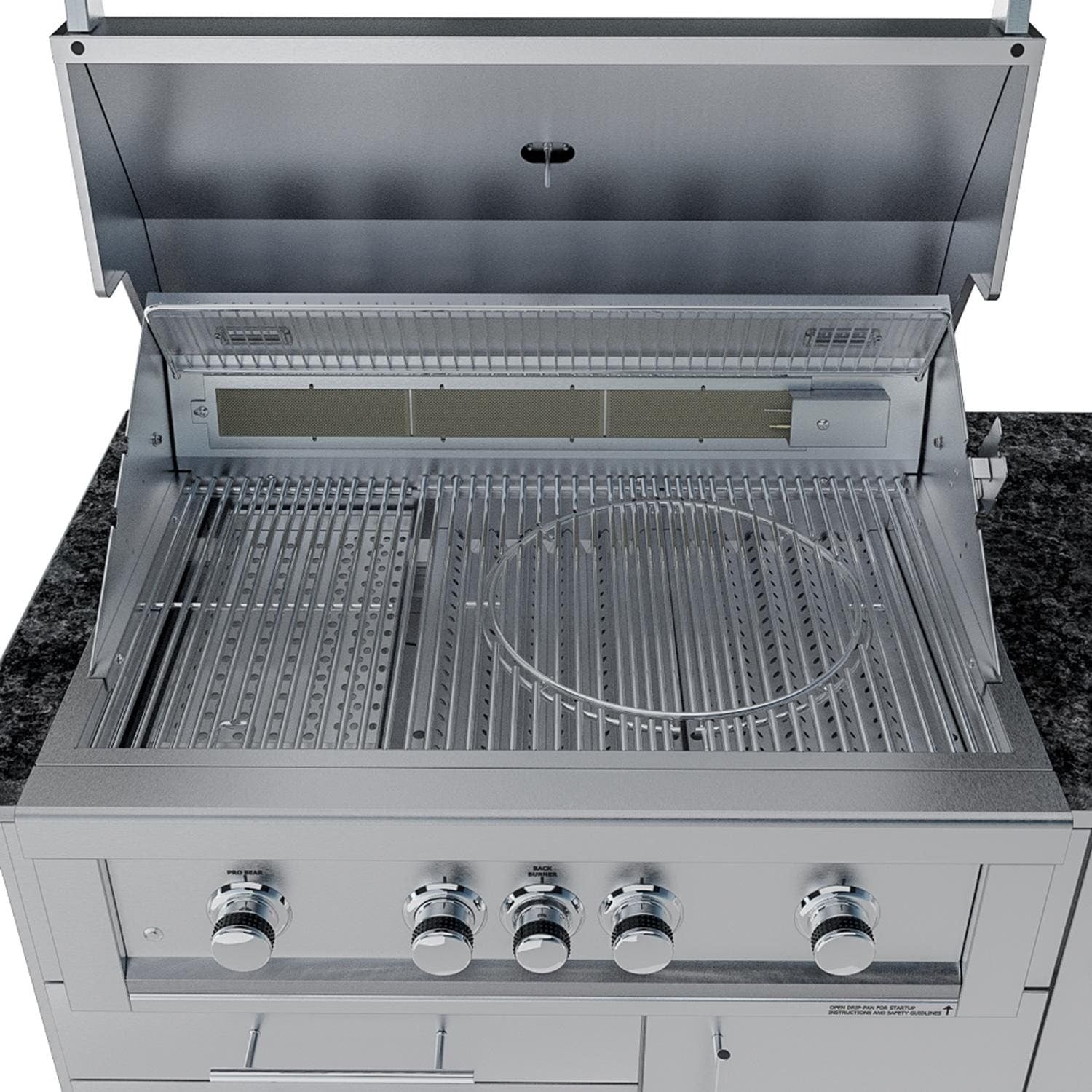 Sunstone Grills SCPSAVANNA16 Savanna 16 Ft Outdoor Kitchen Island w/ Grill & Side Burner, Sink, Refrigerator, Trash Bin, Door & Drawer - Grill Open Front - Detail