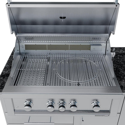 Sunstone Grills SCPSAVANNA16 Savanna 16 Ft Outdoor Kitchen Island w/ Grill & Side Burner, Sink, Refrigerator, Trash Bin, Door & Drawer - Grill Open Front - Detail