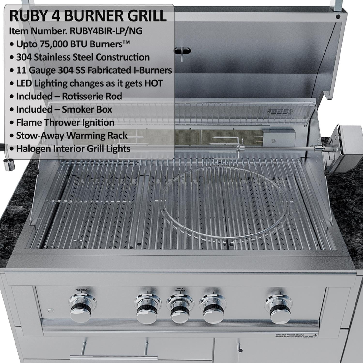 Sunstone Grills SCPSAVANNA16 Savanna 16 Ft Outdoor Kitchen Island w/ Grill & Side Burner, Sink, Refrigerator, Trash Bin, Door & Drawer - Grates - Detail