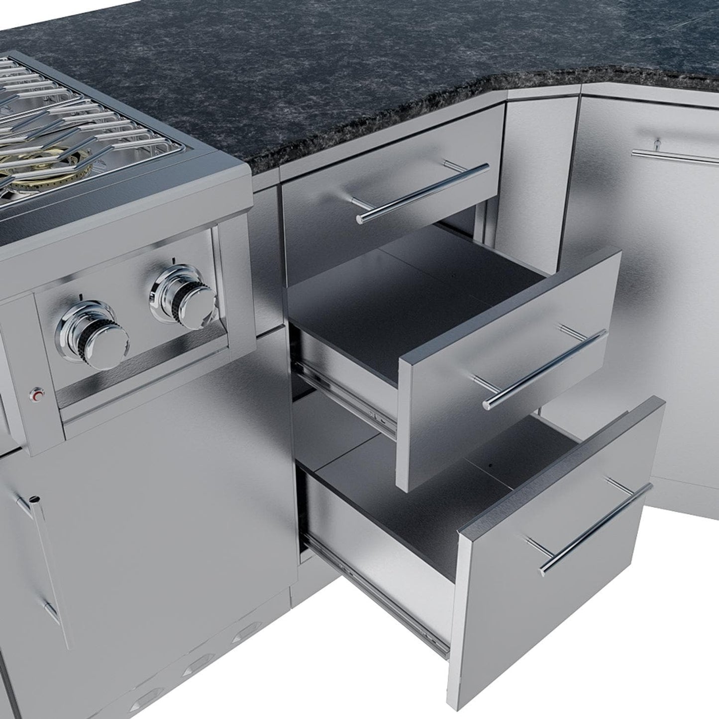 Sunstone Grills SCPSAVANNA16 Savanna 16 Ft Outdoor Kitchen Island w/ Grill & Side Burner, Sink, Refrigerator, Trash Bin, Door & Drawer - Double Drawer - Detail