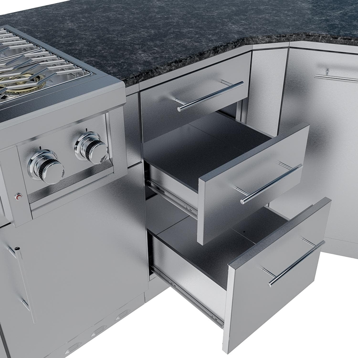 Sunstone Grills SCPSAVANNA16 Savanna 16 Ft Outdoor Kitchen Island w/ Grill & Side Burner, Sink, Refrigerator, Trash Bin, Door & Drawer - Double Drawer - Detail