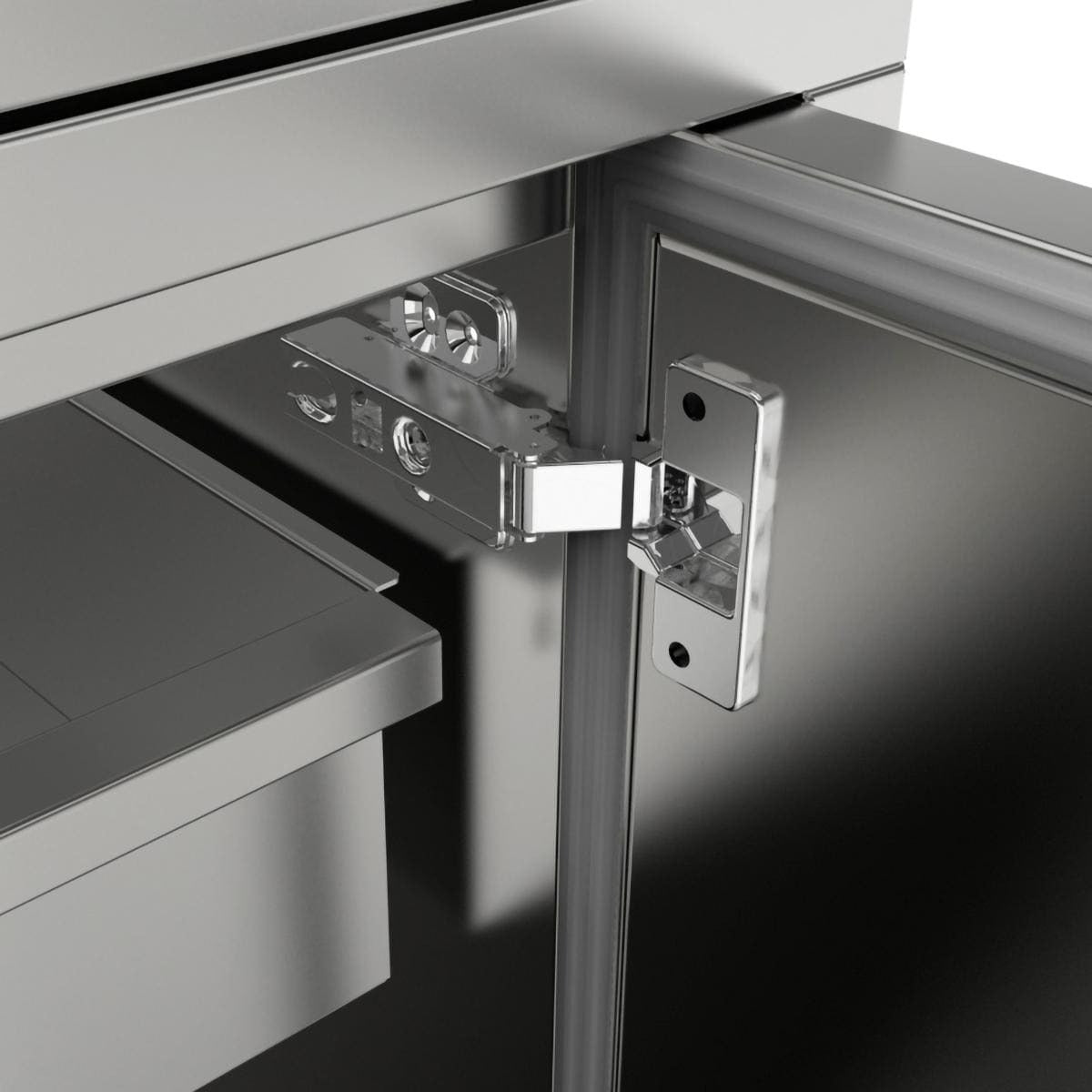 Sunstone 30-Inch Outdoor Kitchen Weather Sealed Dry Storage Island Cabinet - SBC30DSPC - Door Hinge Detail