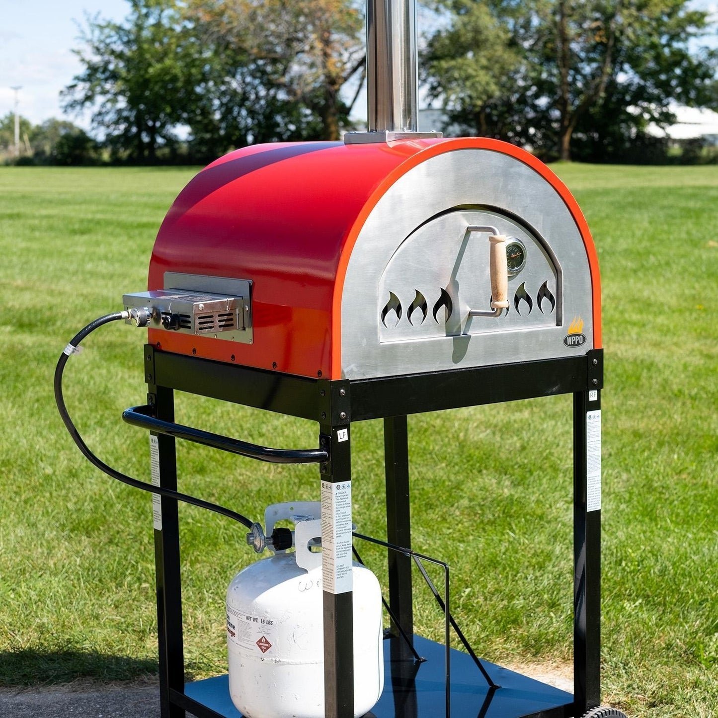 WPPO Hybrid 25-in Wood/Gas-Fired Oven - Red - WKE-04WG-RED - Angled View w/ Attachment - Lifestyle