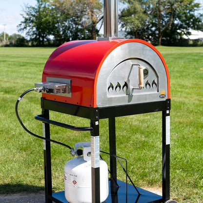 WPPO Hybrid 25-in Wood/Gas-Fired Oven - Red - WKE-04WG-RED - Angled View w/ Attachment - Lifestyle
