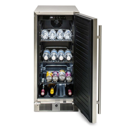 Blaze BLZ-SSRF-15 15-Inch 3.2 Cu. Ft. Outdoor Rated Compact Refrigerator - Door Open with Drinks