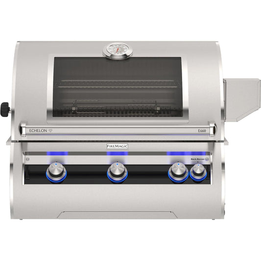 Fire Magic E660I-9LAN-W 30-Inch Built-In Natural Gas Grill w/ Rotisserie, Left Side Infrared Burner, Magic Window & Analog Thermometer - White Background