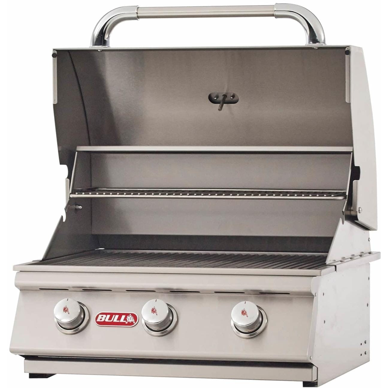 Bull 6900 Steer 25-Inch 3-Burner Built-In Gas Grill - Angled View With Hood Open