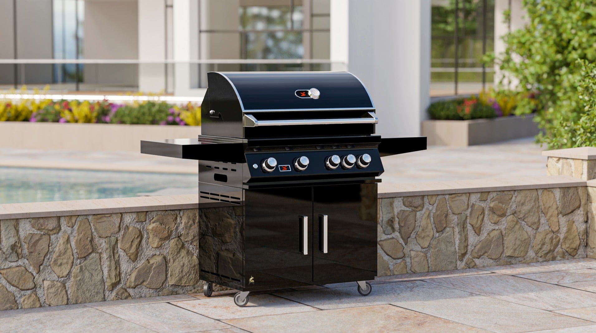 Bonfire Black Stainless Steel 34 and 4 Burner grill on cart with rotisserie kit Black Series - CBF4DD-B - Lifestyle