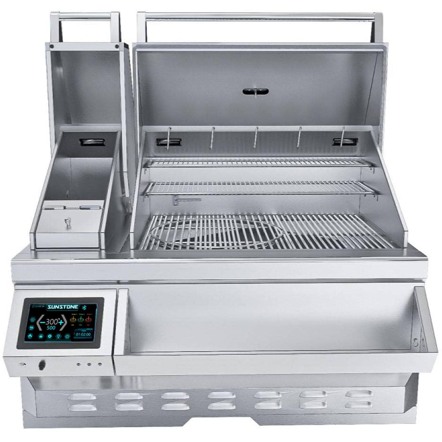 Sunstone Grills SUNPLT40 40 Inch Electric Pellet Grill W/ Cold Smoker - Lid Open - White Background