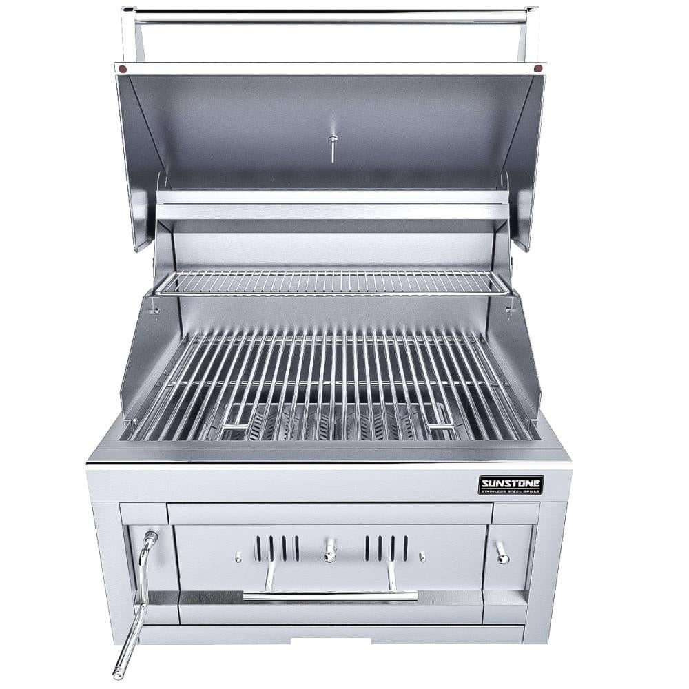 Sunstone SUNCHSZ28 Series 28 Inch Single Zone 304 Stainless Steel Charcoal Grill - Hood Open