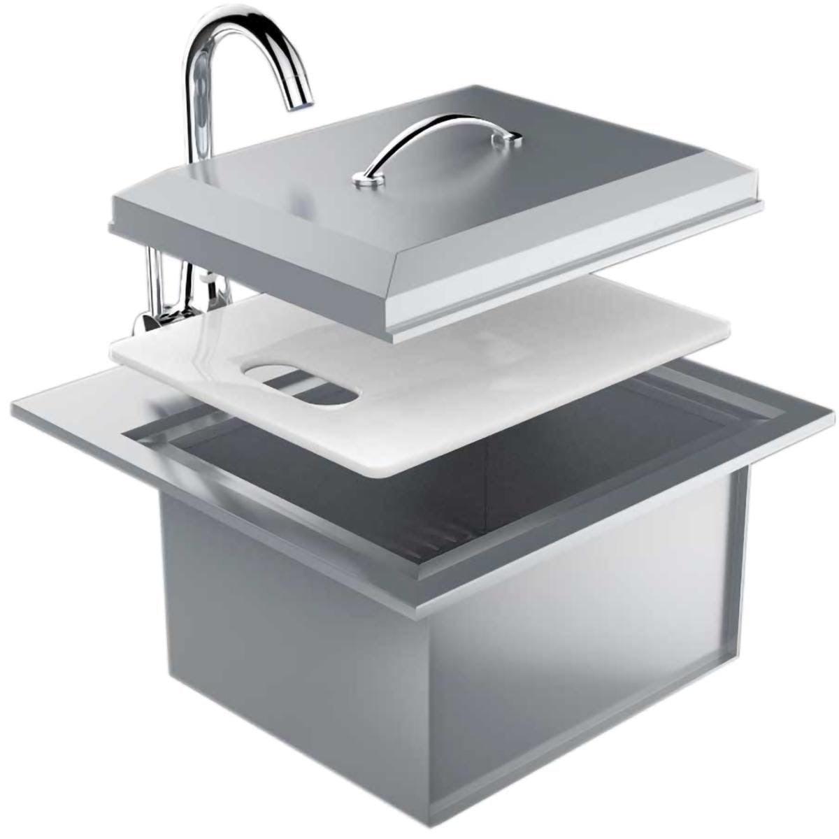 Sunstone Premium 21 X 20 Drop In Sink With Hot/Cold Faucet - Shown With Lid & Cutting Board