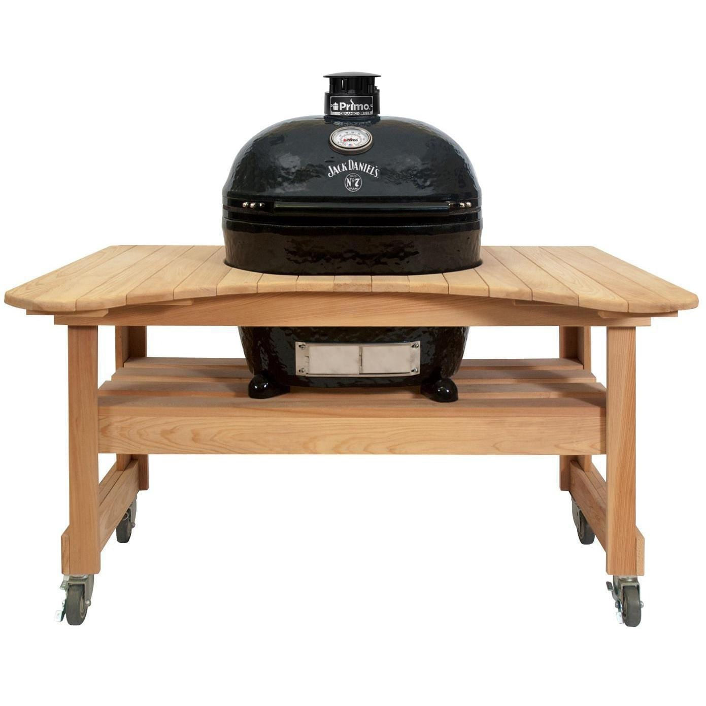 Primo PGCXLHJ Jack Daniels Edition Oval XL 400 Ceramic Kamado Grill On Curved Cypress Table With Stainless Steel Grates