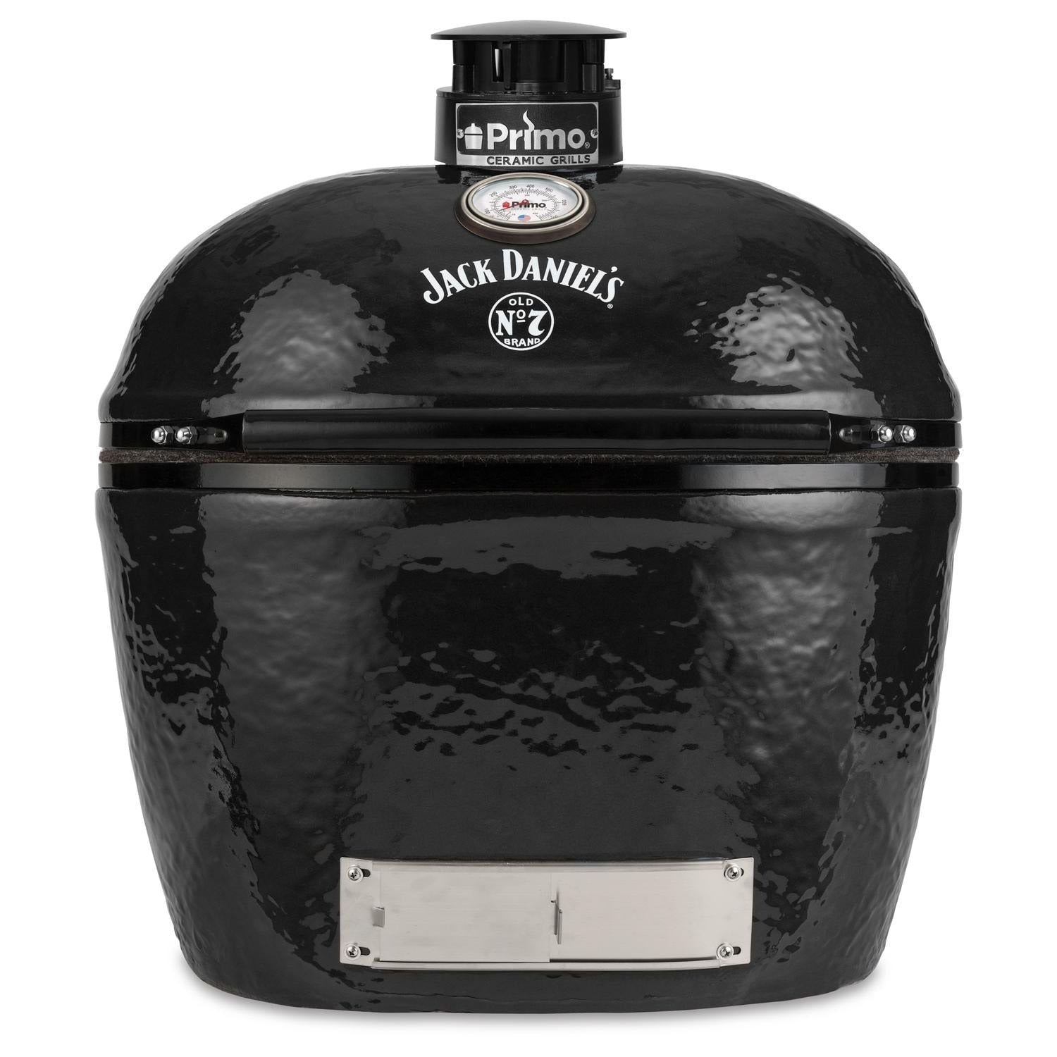 Primo PGCXLHJ Jack Daniels Edition Oval XL 400 Ceramic Kamado Grill On Curved Cypress Table With Stainless Steel Grates - Primo Jack Daniels Edition Oval XL