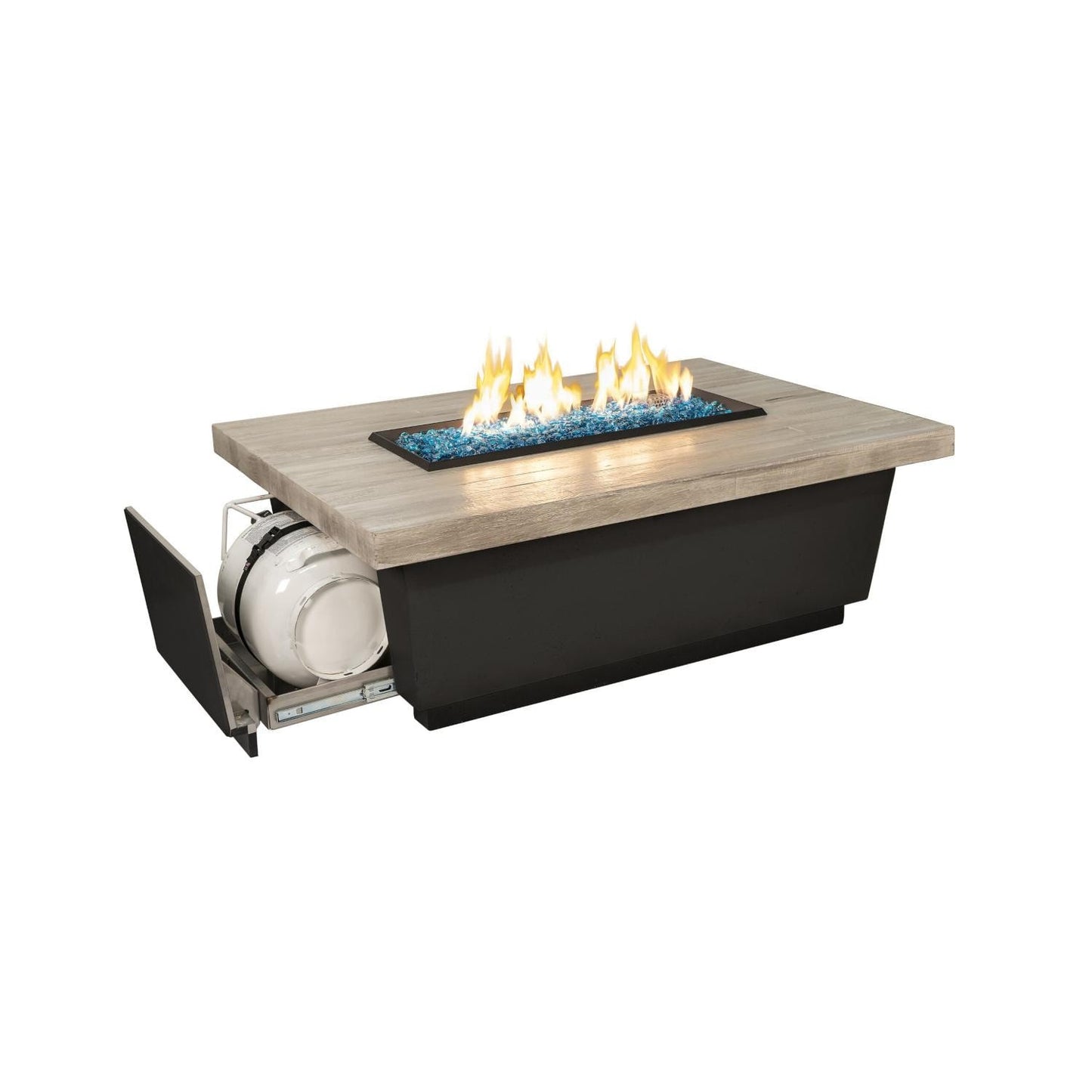 American Fyre Designs 785-BA-SP- M4PC Contempo LP Select 62-inch Rectangular Propane Gas Fire Table - Silver Pine - (Shown W/ LP Cylinder - Sold Separately)