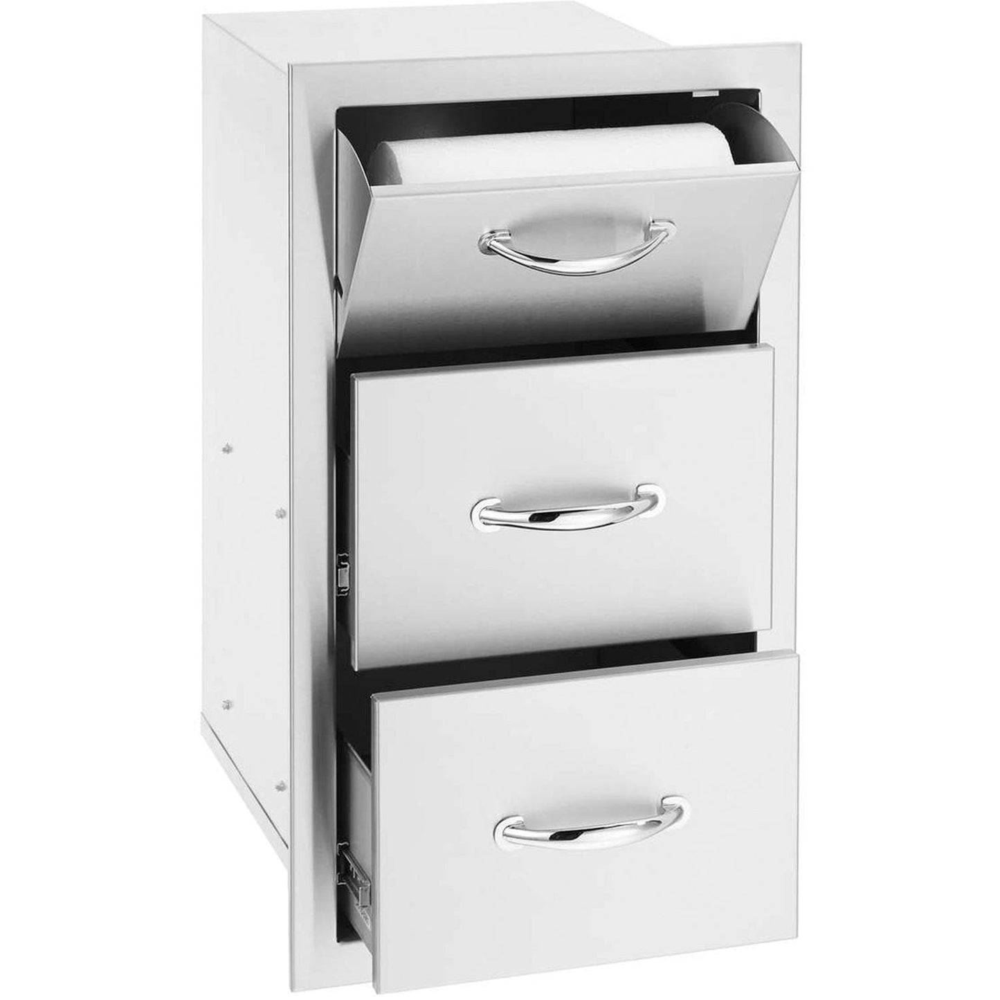 Summerset 15-Inch Stainless Steel Flush Mount Double Access Drawer With Paper Towel Holder - SSTDC-17 - Angled View Open