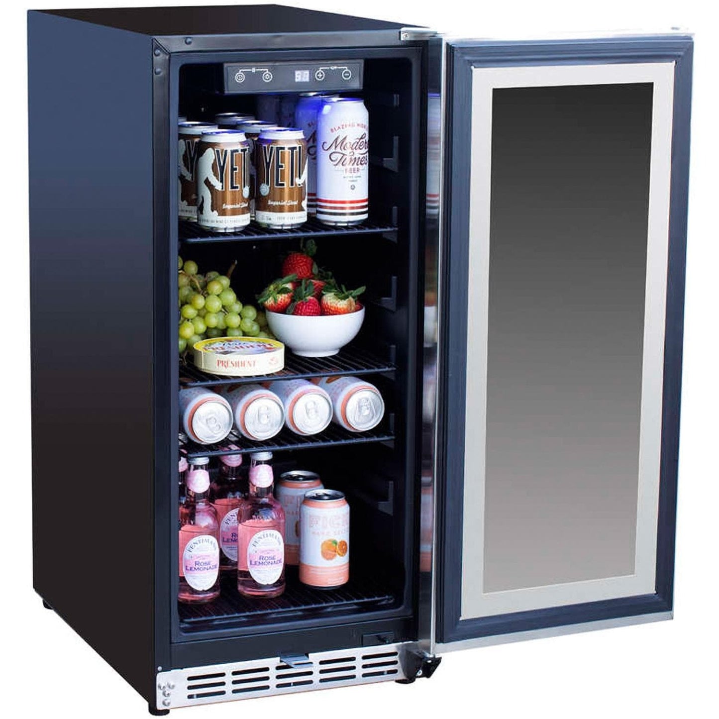 Summerset 15-Inch Outdoor Rated Fridge w/ Glass Door - SSRFR-15G - Angled Open