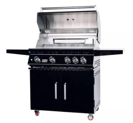 Bonfire Black Stainless Steel 34 and 4 Burner grill on cart with rotisserie kit Black Series - CBF4DD-B - Open Head View