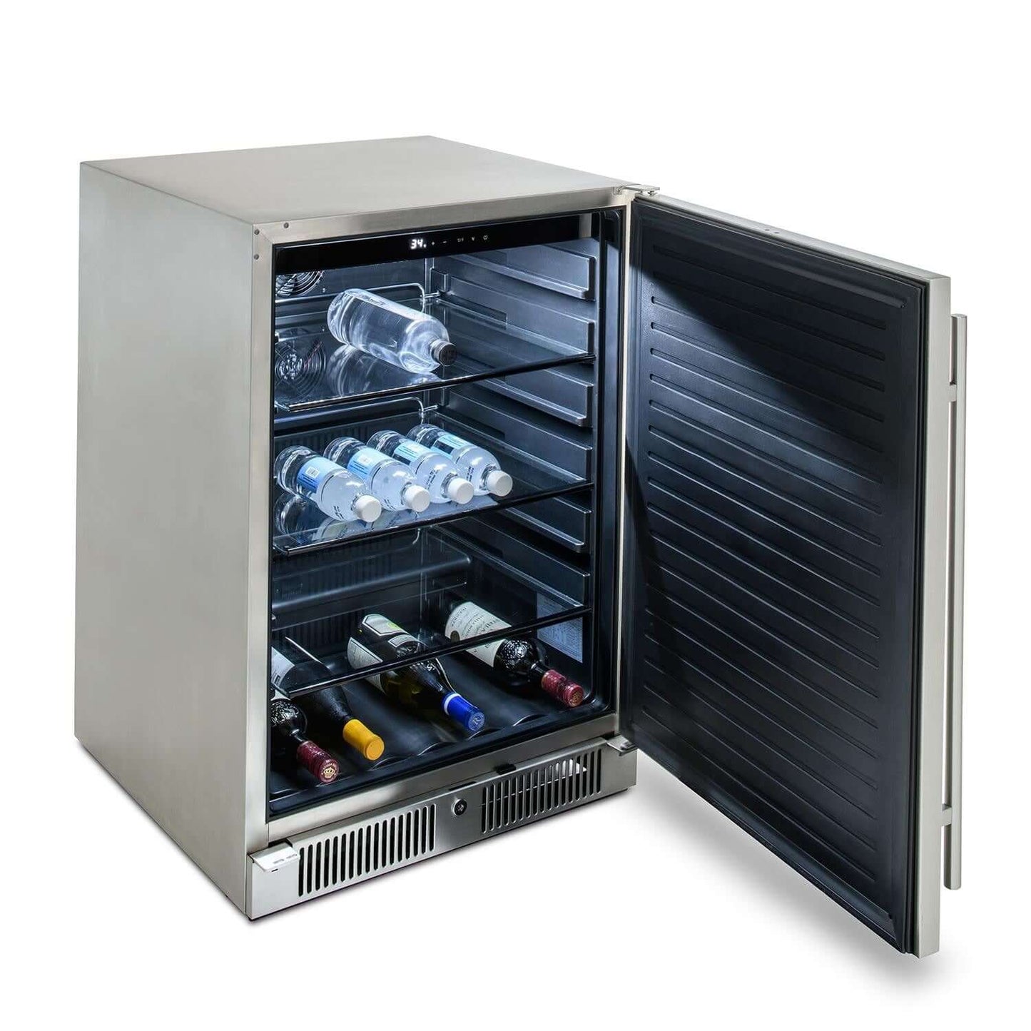 Blaze BLZ-SSRF-5.5 24-Inch 5.5 Cu. Ft. Outdoor Rated Compact Refrigerator - Side View with Drinks